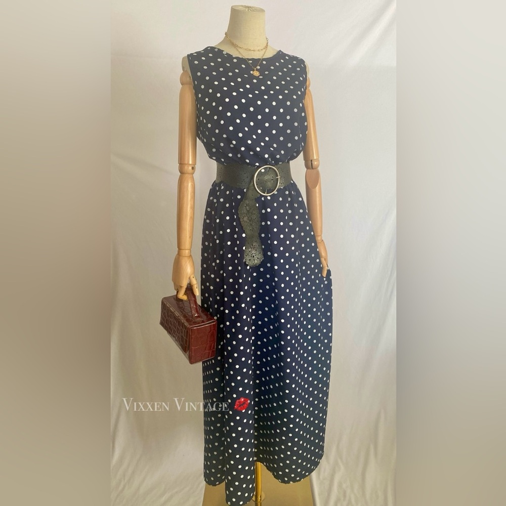 VINTAGE 1980'S ‘PRETTY WOMAN’ SLEEVELESS HIGH NECK POLKA DOT MAXI DRESS